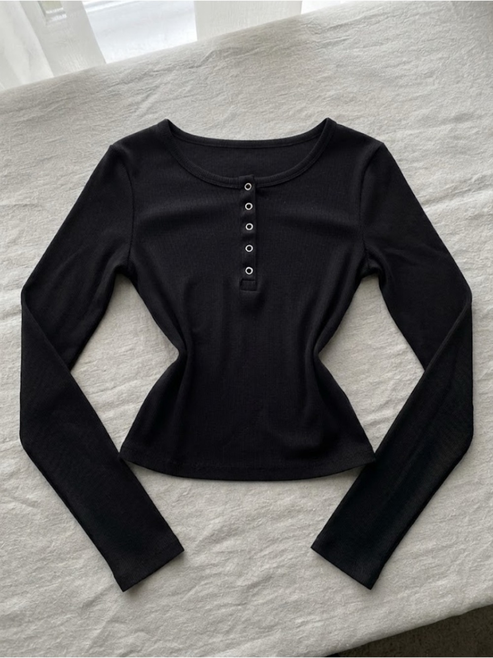 SHEIN Black Ribbed Henley Long-Sleeve Top